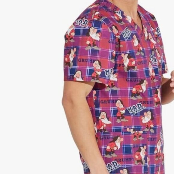 Disney Grumpy Seven Dwarfs Scrub Top Size M Red Plaid Print Health Care Unisex - Picture 16 of 16